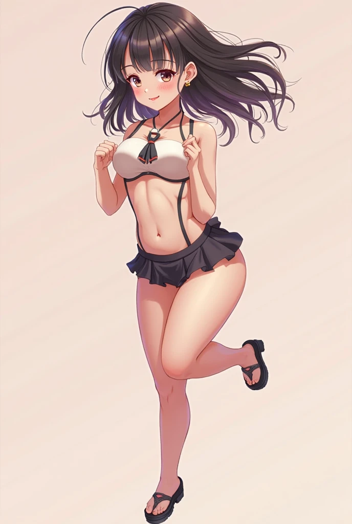 masterpiece, best quality,1girl,solo,kirasaka sayaka,brown hair,long hair,ponytail, hair ribbon, green eyes,,purple thighhighs, wariza, (bikini).