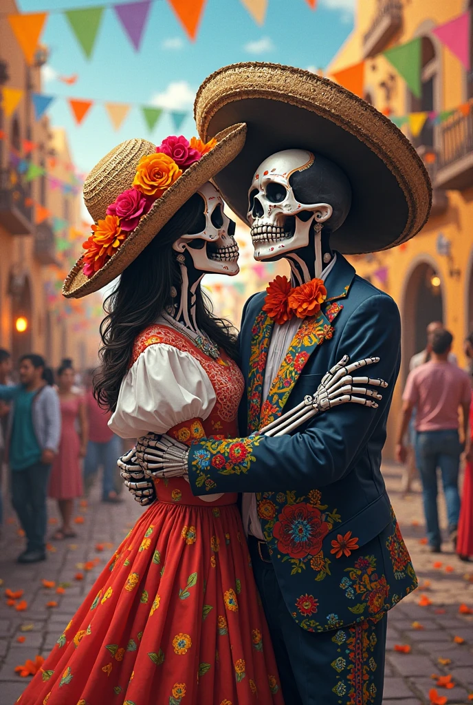 Two elegantly dressed Mexican skeletons,
