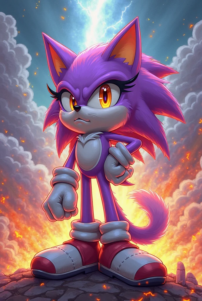 4K, high res, Mobian, blaze the cat, masterpiece, highly detailed, full body, flames everywhere, serious expression, action pose, summoning fire, naked, flames covering breasts