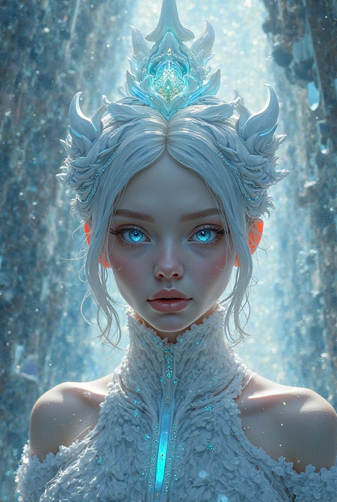 illustration, cinematic light, highres, highest quality, ultra detailed, detailed face, (detailed eyes), best quality, hyper detailed, masterpiece, (detailed face), clean face, mature woman with white skin, angelic face staring, wears dress made of ice (blue, bright white),see through, choker made of ice,crown around ice head nsfw, high heels, blue eyes, Tiny neon tips of platinum shiny hair, dark fantasy forest, bright plants with neon details, dark magic, (portal:1.15) to the ocean in the background, reflection of light, heart-shaped iris, playful eyes, open shoulder, rain, (wet body), small shiny butterfly, long braided horse-shaped hair