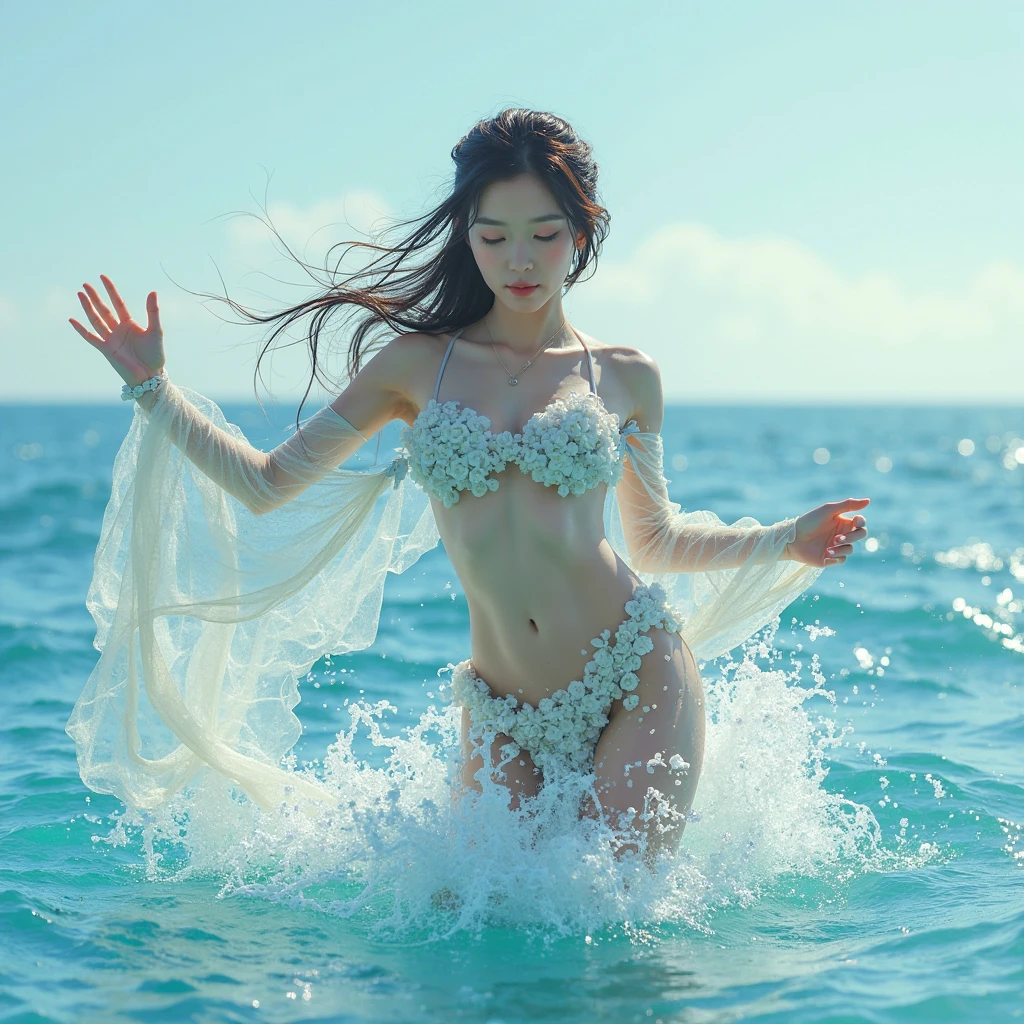 ((masterpiece)), best quality, ultra-detailed, an extremely delicate and beautiful, (mythical goddess:1.3), divine aura, floating, dynamic pose, translucent veil, radiant eyes, elegant robes, (heavenly clouds OR divine flames OR starry sky), full body, slender abs, highly detailed face and skin texture, detailed eyes, large breast, sensual, black hair, wavy hair, cinematic lighting, depth of field, silhouette, reflection light, ray tracing, bokeh, Canon, cowboy shot, 8k, award winning, best quality, super detail, anatomically correct, masterpiece, UHD