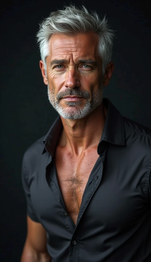 full frame, Close portrait, cute, male model, active White male, tan wrinkled skin, gray undercut hair, yellow-green eyes, (skin texture), skin pores, shallow depth of field, sharp eye focus, backlit