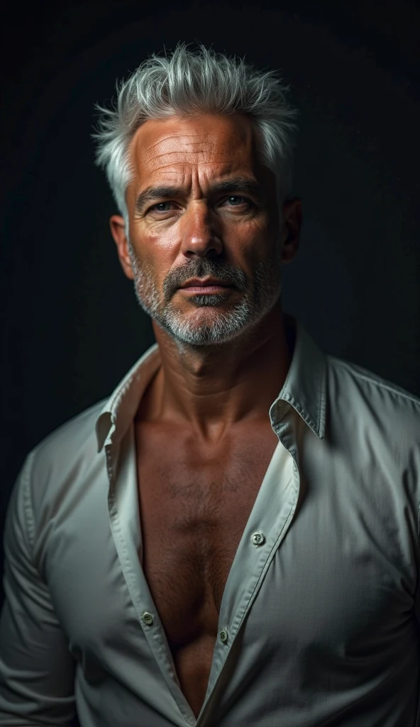 Realistic photos, 8k ,Handsome 80 year old man,White hair and beard ,Transparent shirt,Slim and muscular