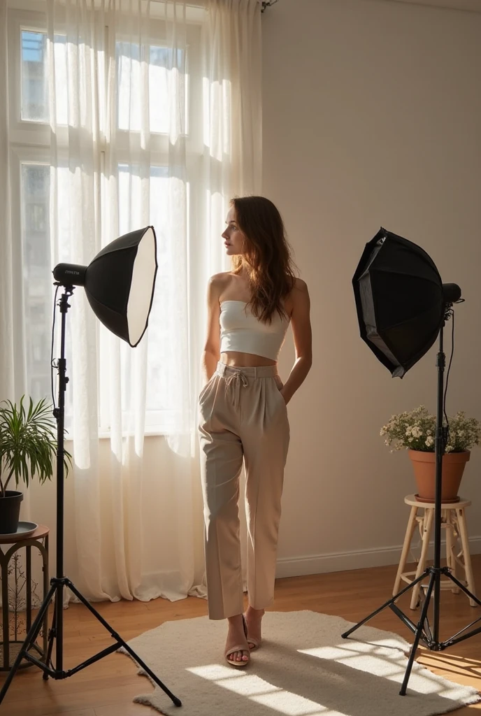 A studio light scheme for a video blog, a model in a center