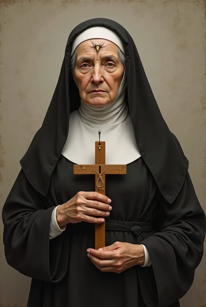 Mature nun, solemn expression, wrinkled face with deep lines, traditional religious habit with long robe and veil, weathered hands holding a rosary bead, serene posture, seated in a dimly lit room, surrounded by empty shelves and books, peaceful aura, intricately detailed habit, smiling gently, wearing simple yet elegant sandals, soft and wise gaze, expressing profound wisdom and compassion.