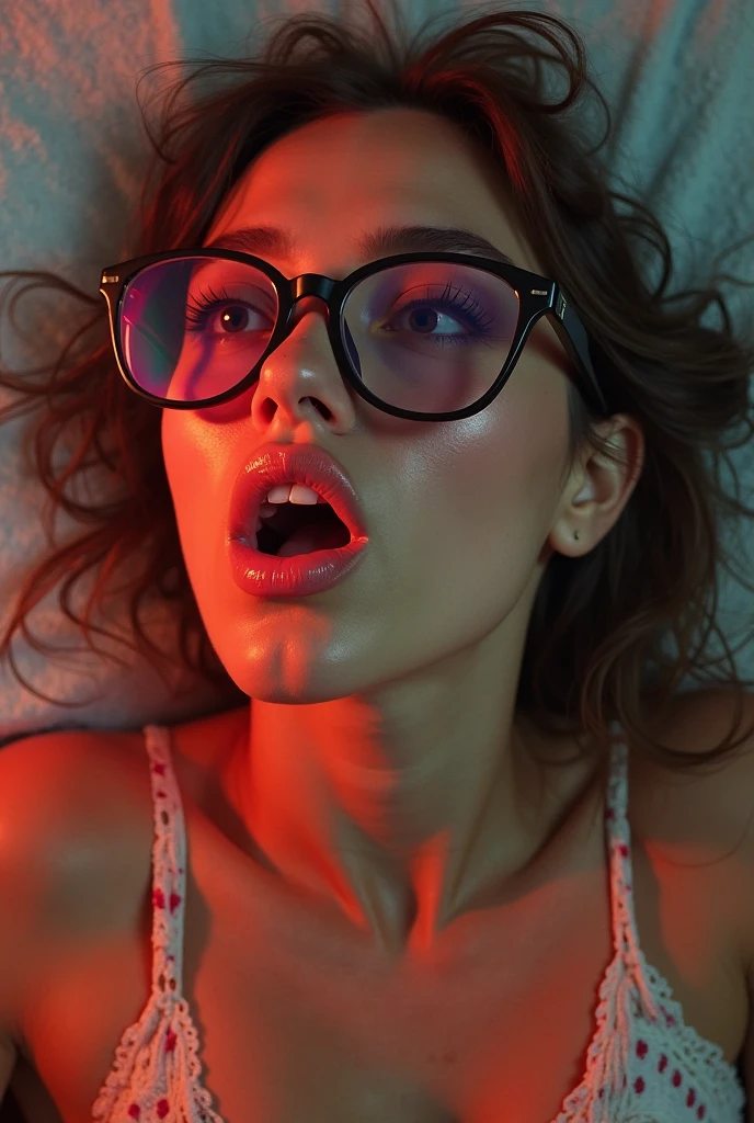 60 year old brunette white woman, laying on a bed with her head on a pillow, little fat, pale white skin, blue eyes, camera man having a above view of her face, looking at the camera with a orgasmic look, neon green choker, neon green lingerie , neon green glasses, eyes crossed, mouth slightly opened,