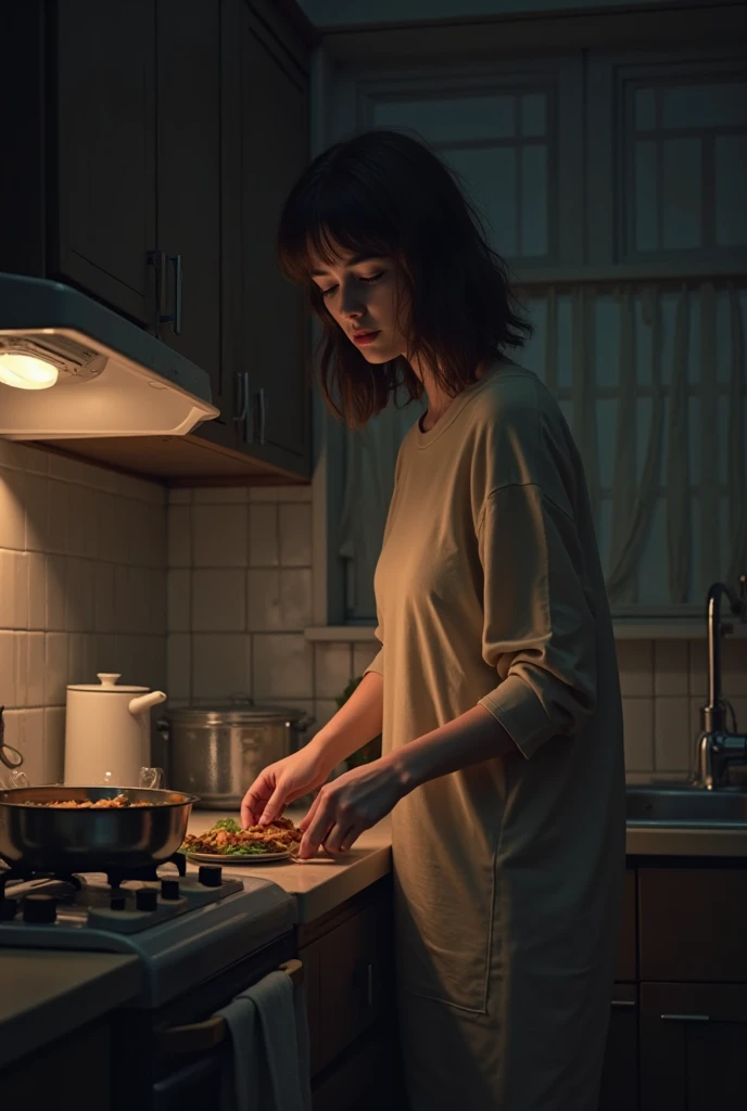 ((realistic lighting, highest quality, 8k, masterpiece)), 1girl, cooking in the kitchen, wearing night dress