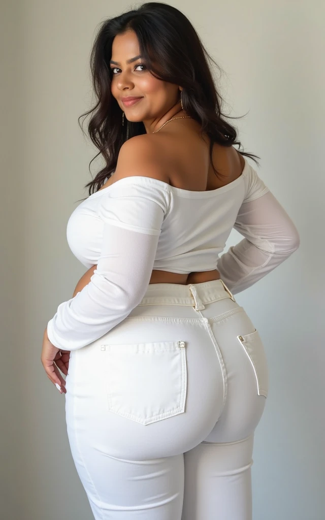 there is a woman taking a selfie in a public restroom, clothed in white shirt, wearing a shirt and a jean, casual pose, white shirt and jeans, wearing a blouse, middle body shot, thicc, sexy look, wearing a white button up shirt, white shirt and blue jeans, sexy pose, wearing in shirt, 2 4 year old female model, widest hips, hand on hip, Big tits, huge cleavage , minimal clothes, sexy, cute, wide hips, thick thighs, pear-shaped body, minimal clothes, thick, thick nipples, large areola, hard nipples, piercing through shirt, thicker, thick, wide hips, thick ass from side profile