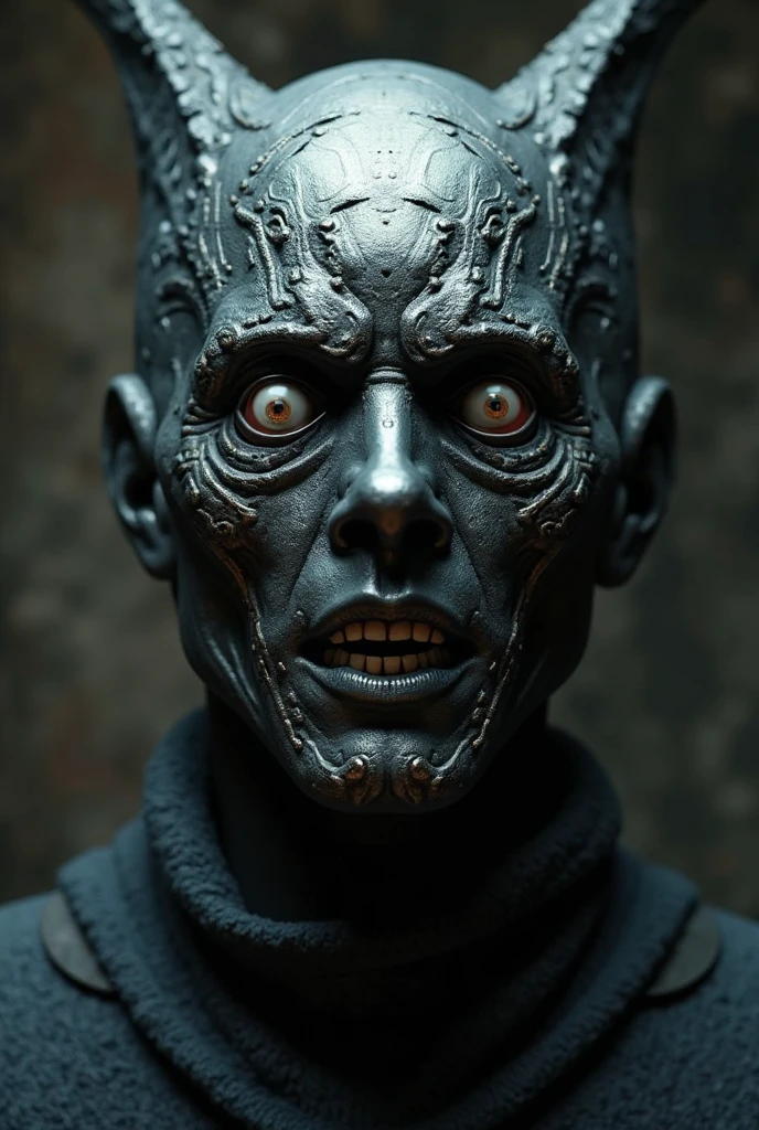 A humanoid robot with the right half being light blue and black、A reddish-black creature with scales on the left half、The seams look like a living thing is invading the robot.、A man&#39;s face from the neck up, with a monster&#39;s eye glowing red in the left eye、The right eye looks like a robot