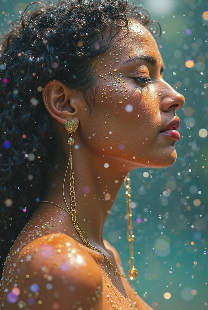 I am the rain that sees the most beautiful woman and touches her all over her body of different races giving her hope and faith and using only pastel colors  , The message I want to give is that there is hope, we just have to look for it.,  very royal style, detailed 24k unique piece uses the triangles of composition details of his whole body details in his hands illumination of hope and nostalgia climate of colors of humility