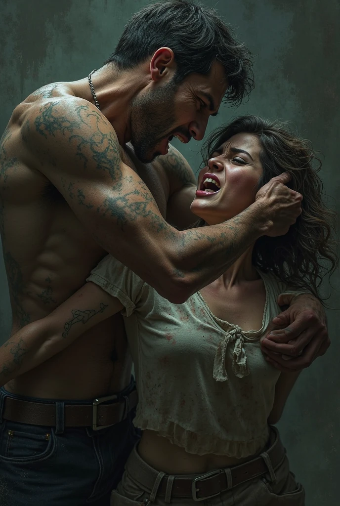 A woman in a Bolivian skirt, She is being beaten by a man with an angry face who raises his right hand and she covers her face
