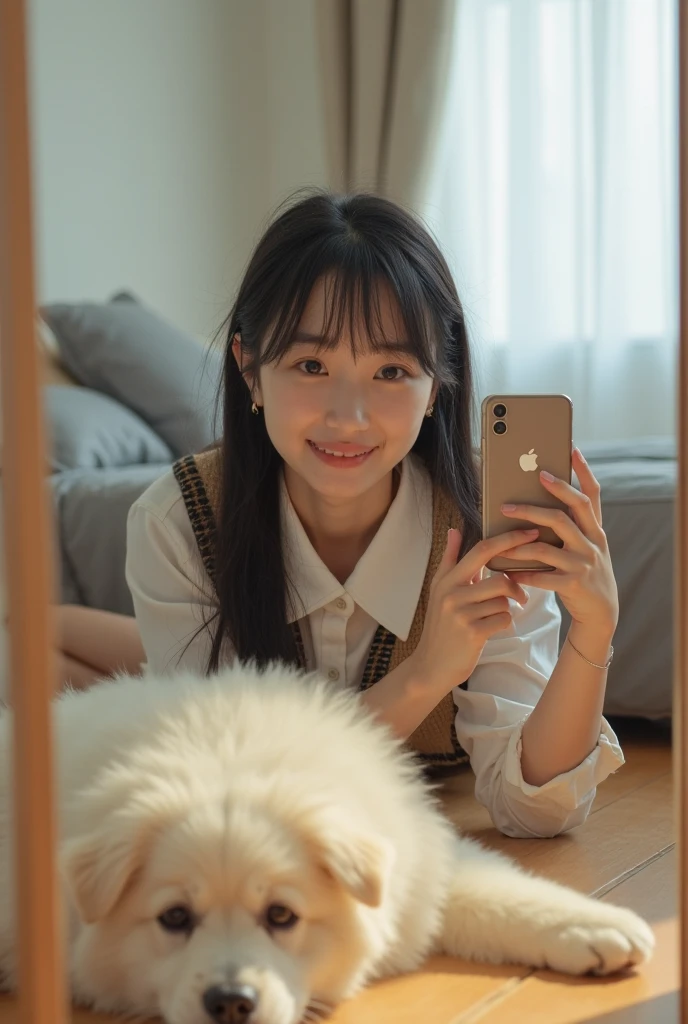 high resolution、1 person、Selfie、Medium twin tail hair、Holding the phone with both hands、Looking at smartphone、smile、In a simple room