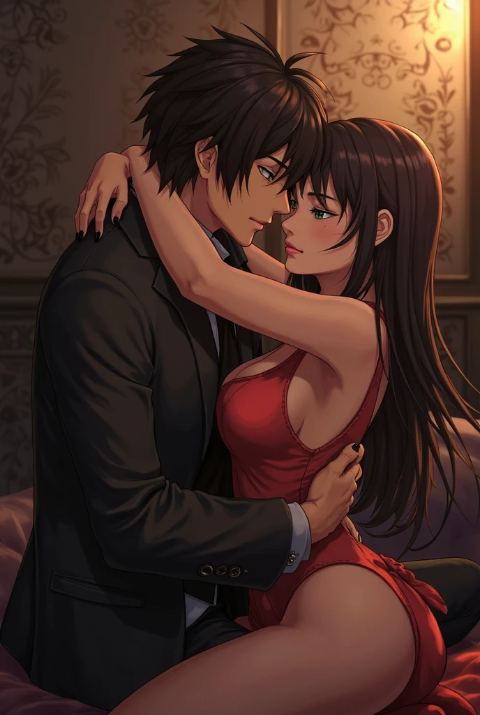Young sexy woman wearing a red dress sitting on lap of young man wearing a red and black flannel shirt and jeans who is sitting on a chair, kissing, making out, passionately, dim lighting, sexy, hot, lustful