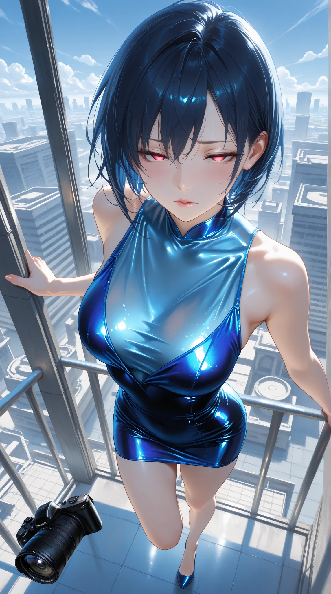 ((masterpiece, highest quality:1.2)),cowboy shot,1woman,20 year old beauty,solo,((very small head)),short hair,messy hair,light blue hair,blue eyes,blunt,((very long and slender body)),toned body,skinny,medium breasts,shiny skin,oily skin,sweat,shy,Dark blue sleeveless dress,turtleneck、white_thighhighs,Big cities、Cyberpunk World、