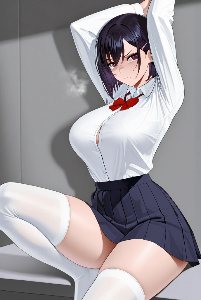 (( 1girl in)), NSFW、blush,Black hair、Red Eyes、(((large full breasts)))、big butts、((thick thighs))、Sweat、:o、Short hair、((spreading legs))、Black Pencil Skirt、white shirt、(Armpits)、Office room、eye glasses、Brown stockings