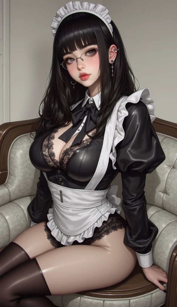 extra detailed face，Top image quality、black maid outfit、in a house、A dark-haired、Outstanding style、Sexy thighs，exposing the abdomen ,((Clothes with less fabric))，photographrealistic、long、Red and excited cheeks、((The eyes are confused and seductive))