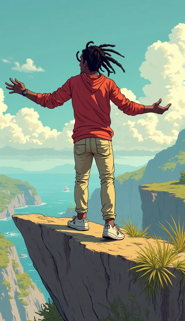 texto: Saint Thomas in comics.
imageio: hippie flying on top of a pyramid with a joint in his mouth, sun between clouds and a tour guide with his pants down