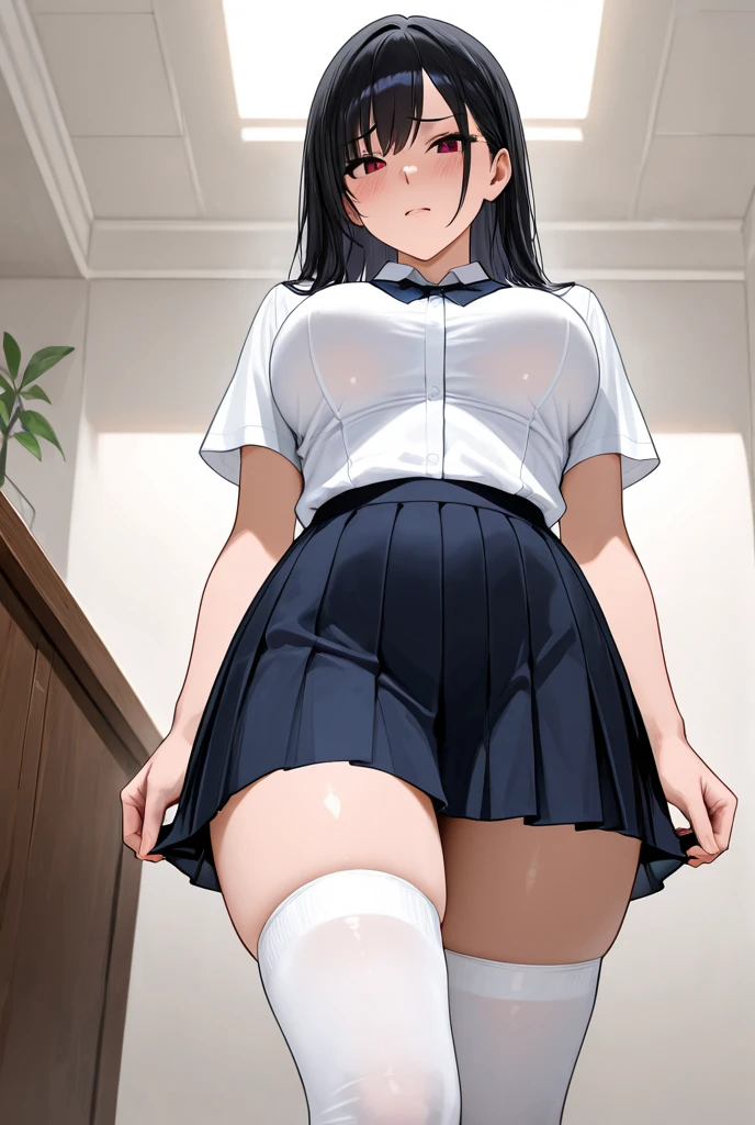 One woman, blush, Sweat Embarrassed Smile Showing Nipples Front, Short Hair, Black Hair, feel (Small breasts:1) Pubic hair 8k, Very detailed, 16K, (naked), City Walk Black Eyes Pink Polo Shirt Short Sleeves Black Skirt Skirt Lifted Up Lift Skirt with Both Hands No Panties Pussy From Below