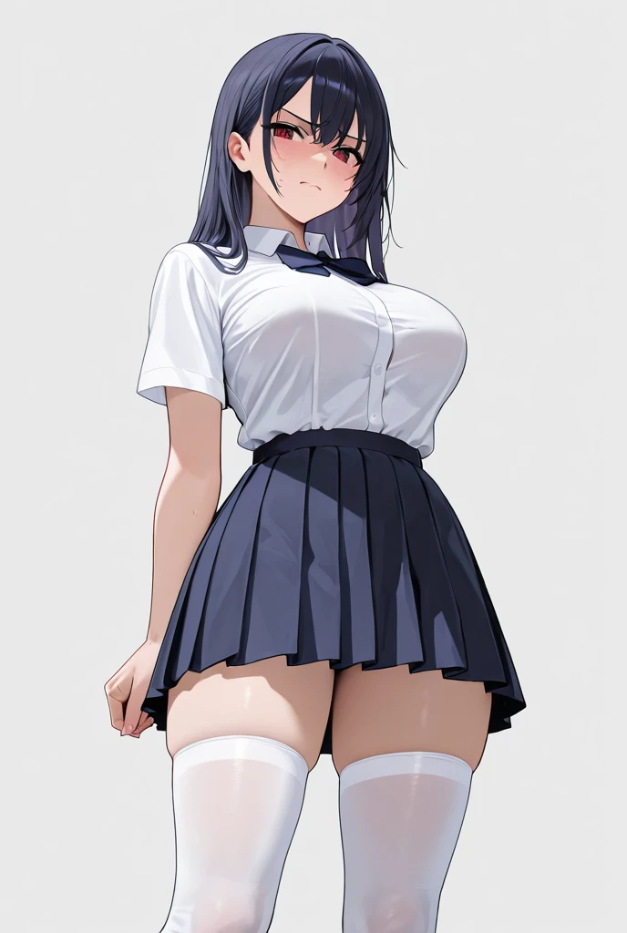 1girl, short hair,(school uniform),(((skirt lift with both hand))), ((sexy panty)), ((show off panty)), bare thigh, bottomless, (no background:1.5),