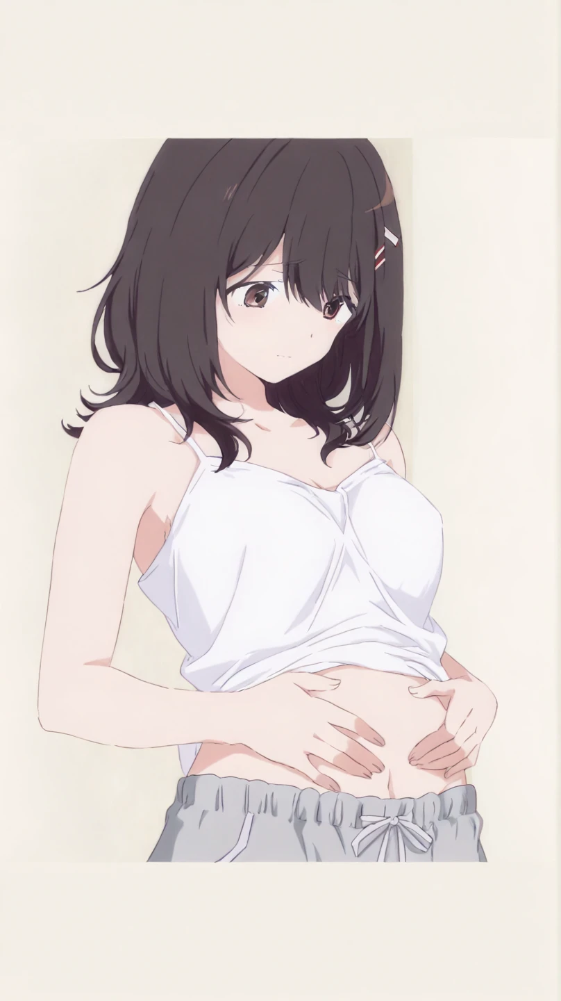 alone, One girl, View your viewers, sketch, Flat Color, 2D, anime, anime coloring, Brown Hair, Short Hair, cowboy shot, Pure white lace camisole, (Pure white lace panties), Crying face, large breast