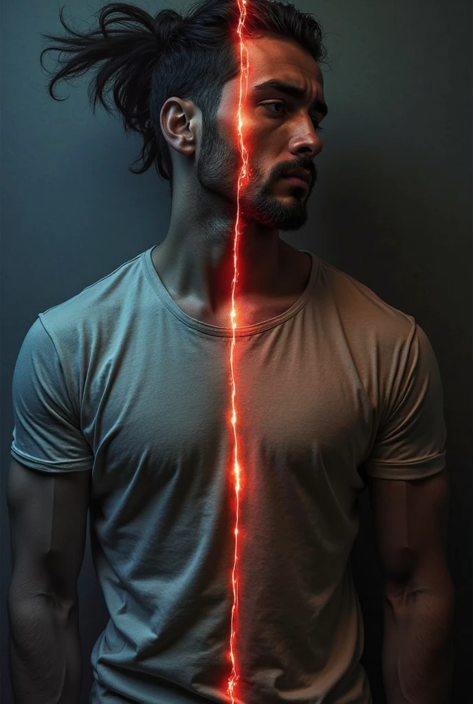 Elias, a 45 year old man, with hair, Facing his reflection, who has become a monstrous figure.] Create an image for a graphic novel, Cosmic Fallen Angel, glowing light eyes, Biomechanical, eerie, Creepy, nightmarish, Very bright colors, Light particles, with light glowing, Mshiff, wallpaper art, UHD wallpaper, cinematic styles, cinematic lights 