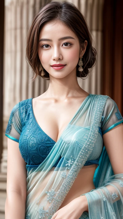 (8K, highest quality, masterpiece:1,2), (realistic, Photoreal:1.37), Super detailed, one girl,), (very detailed), (detailed and beautiful eyes), ((((highly detailed artwork))))、Earrings、((Two-toned hair))、ponytail、(((Inside a stylish secondhand clothing store)))、(masterpiece、Highest quality、In 8K、32K、masterpiece、Super huge 、Ultra-high resolution、Impressionism、Realistic:1.2)、((Cowboy Shot)),  Sharp focus、Beautiful face with detailed background of face and eyelids、Glowing Skin、Sharp pupils、Realistic eyes and beautiful face、Blurred Background、Beautiful 28 year old girl、Glowing Skin、(((bright and beautiful hair)))、iris、curve、Powerful composition,  ((seductive looks))、((horny expression))、、(light blue hair color))、[black hair]、Best Quality, Ultra High Definition, (Photorealistic:1.4),Sunset Light, Ponytail, Korean Women, (large breasts:1.5), ((highly detailed saree)), Detailed Photo, Smiling, Sexy, Facing Camera,  (Masterpiece: 1.3), (8K, Photorealistic, Best Quality: 1.4), (1girl), Beautiful Face, (Realistic Face), (Black Hair, Short Hair: 1.3), Beautiful Hairstyle, Realistic eyes, beautiful detail eyes, (realistic skin), beautiful skin, absurd, attractive, ultra high resolution, ultra realistic, high definition, golden ratio, sitting, crossed legs, ((shoulder length hair)), [transparent clothes], see_through clothes, modern saree, asian girl in Indian outfit, (lots of fabrics), bra under saree, embroideries in saree, glasses 