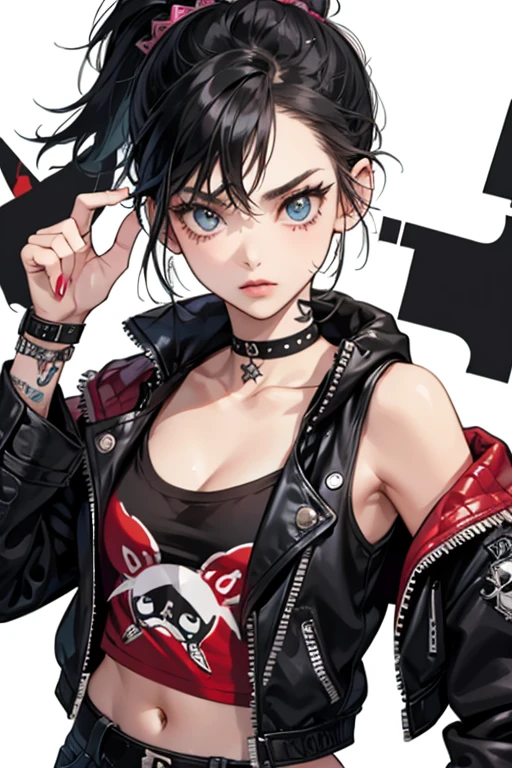 Josie is a slight young woman with short, dark brown hair and and brown eyes. outfit consists of a short, black, leather jacket with studded lapels paired with elbow pads that bear a design of crossed bones on them, and studded black and red gloves with a flower design on the back that are belted at the wrist. On the back of this jacket is the design of a skull with a crown surrounded by red butterfly wings. Under her jacket she wears a short red bikini top that is tied in the middle and bears white skull and crossbones designs. Josie also wears leather pants with knee pads bearing the same crossbones design as her elbow pads, studded platform boots with one buckle at the top and two at the ankle along the sides, a red belt with a circular buckle, and a small teddy bear chain attached to her belt loop. On her back left pocket is a stylized skull and crossbones design with a red bow. This outfit is accessorized with black circular earrings with a skull in the center and a black necklace with heart and skull charms. SPARKLE; GLITTER