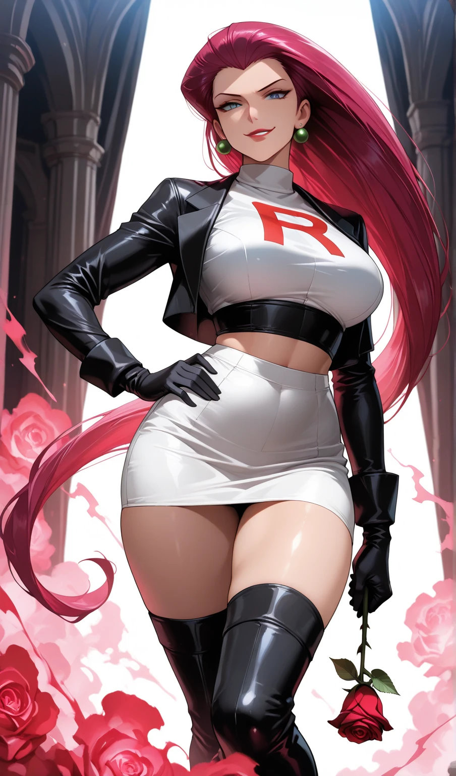 (masterpiece, best quality, highres:1.2), (photorealistic:1.2), (intricate and beautiful:1.2), [:(Face detail: 1.4): 0.4], (detailed light:1.2), (soft lighting, side lighting, reflected light), (colorful, dynamic angle), wallpaper illustration, nijistyle, standing, front view, ultra detailed, full body, looking at viewer, Jessie, solo, beautiful face, blue eyes, smile, parted lips, glossy lips, lipstick, makeup, long wet hair hair, red hair, hair slicked back, sweating skin, oiled skin, wet, wet skin, water drops,, large breasts, thong, juicy ass, sexy adult, white jacket, cropped jacket, earrings, elbow black gloves, white jacket, jewelry, , navel, shirt, white skirt, skirt, team rocket, team rocket uniform, thigh boots, black footwear, fantasy , dynamic