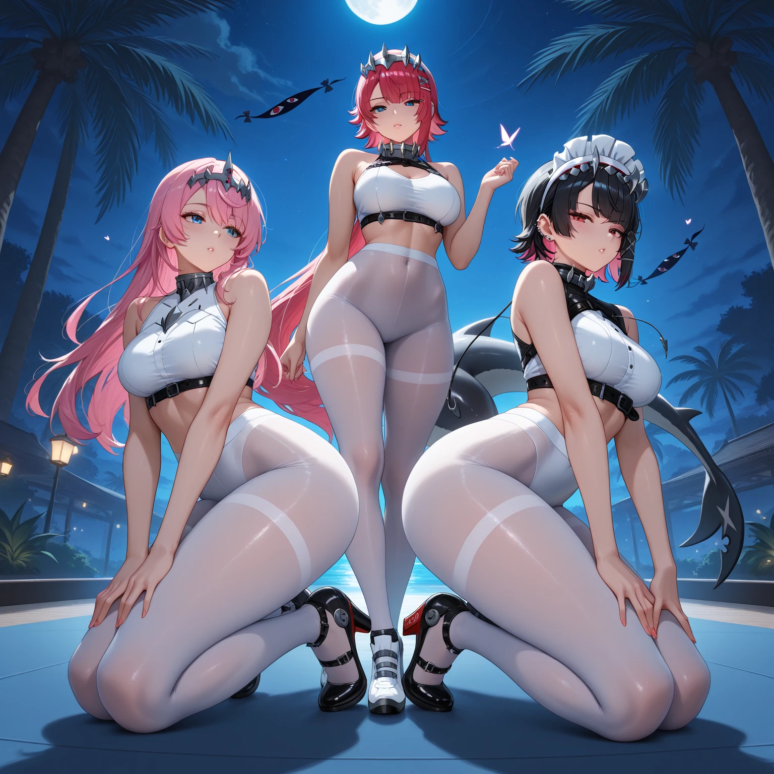 2 girls, girl racers, dark skinned with tanlines, topless, formula one race paddock, small breasts, fat ass, bubble booty, boots, covered in cum, covered in money, high quality resolution, very high quality, beautiful anime eyes, comparing asses, leaning against racecar, smiling, pink hair, fit models