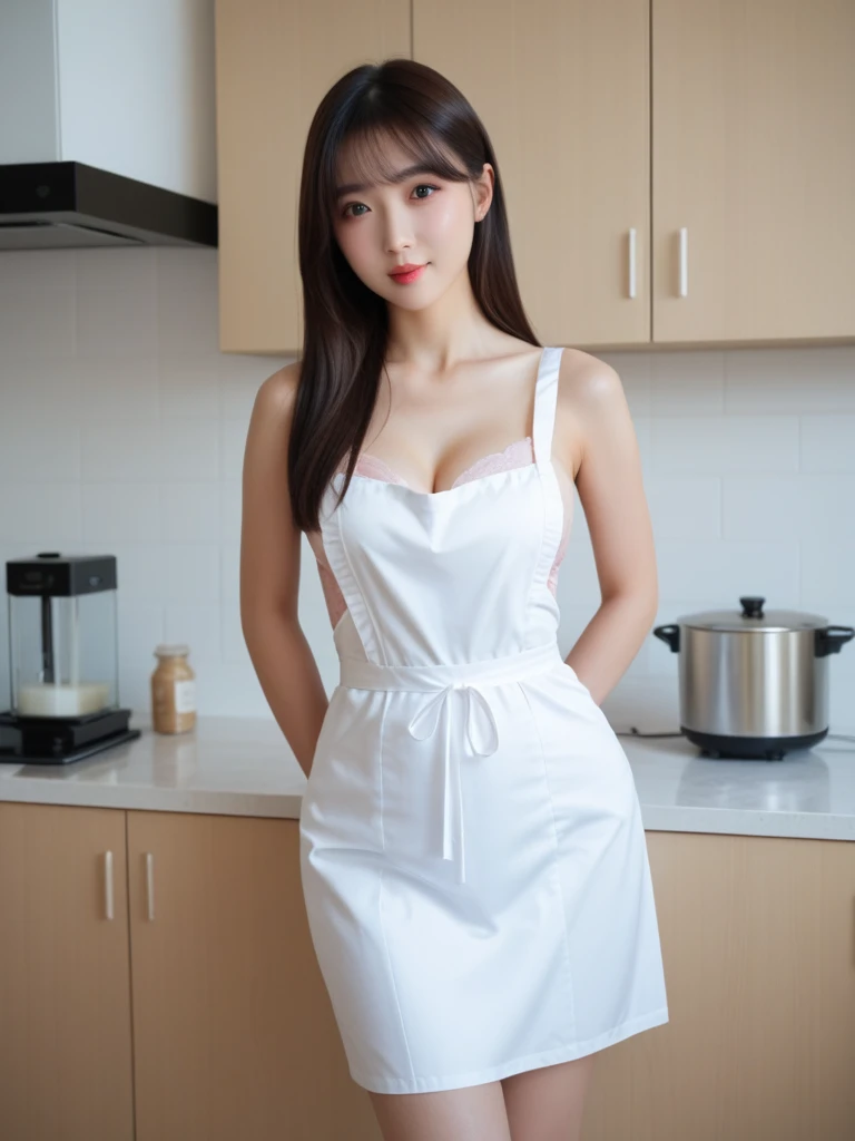 masutepiece, Best Quality, Illustration, Ultra-detailed, finely detail, hight resolution, 8K Wallpaper, Perfect dynamic composition, Beautiful detailed eyes, nsfw, , full body, black hair, straight hair, Blunt Bangs, (Absurdly Long Hair), (Beautiful Voluminous breasts:eal looking skin, Natural Color Lip, The best smile, 17 year old, Bel with voluptuous body, (wearing nude small kitchen apron:1 (kitchen background), woman posing for a photo, earrings, pendant, bracelet