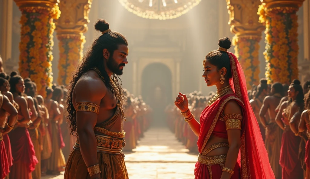 Shaheer sheikh as arjuna and pooja sharma as draupadi. Him with bow arrow. And white dhoti. Not in choti. She with chooramani on her head