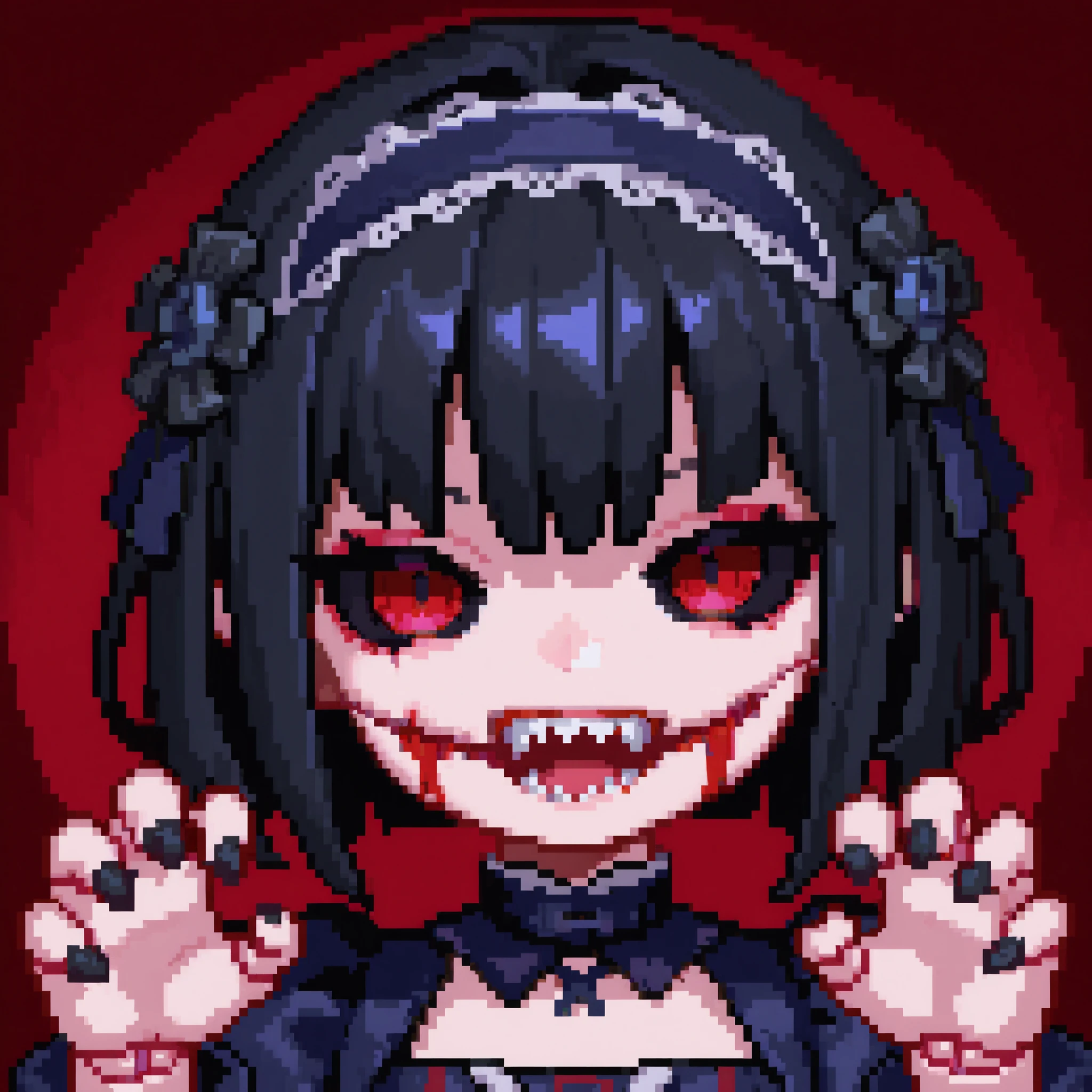 masterpiece, best quality, amazing quality, hyper-detailed, very aesthetic, absurdres, highres, horror, 1girl, solo, doll girl, doll joints, porcelain doll girl, petite, black fingers, claws, black hair, hime haircut, messy hair, red eyes, black sclera, teeth, split jaw, bifurcated jaw, (glasgow smile:1.2), sharp teeth, blood, gothic loita dress, gothic hair ornament, chibi, face portrait, face close-up, mitsuki face, cheerful, open mouth