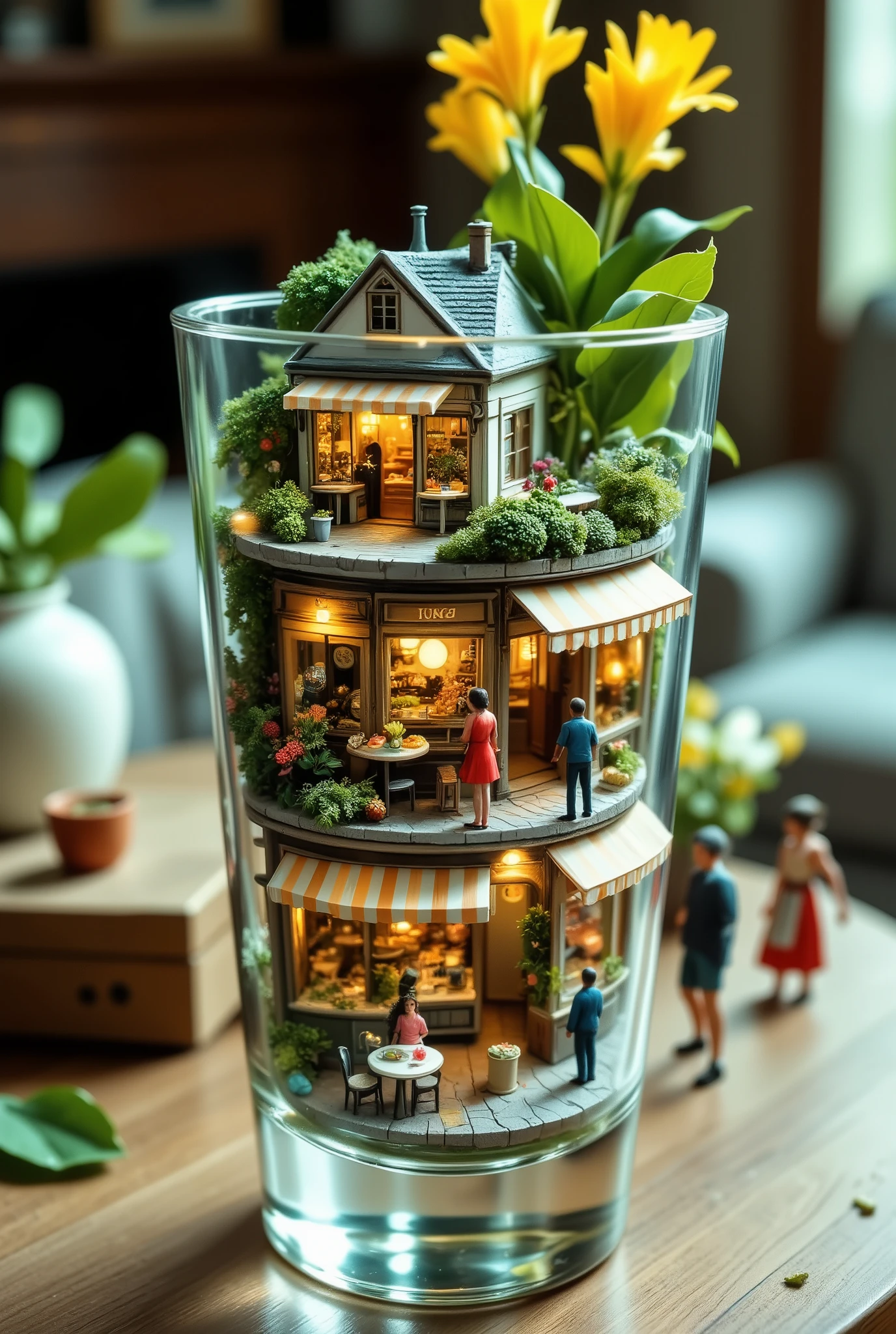 Another world in a glass,a miniature world in a glass, "Miniature two-story shop  beautifully displayed atop a living room table, blending seamlessly into a cozy home setting. The tiny storefronts—an inviting café, a lush florist, and a charming general store—are meticulously crafted, brimming with delightful details. People interact and shop, bringing the scene to life with warmth and whimsy. The table surface and surrounding household items subtly reinforce the miniature scale, enhancing the enchanting, handcrafted aesthetic."