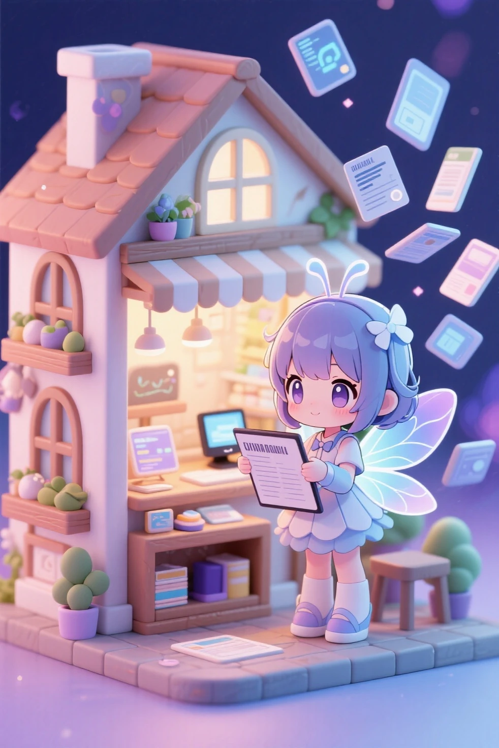 Mini shop, miniature house, Anime-style images, 3D model style pattern, hentaiAnime-style images, Chibi fairy girl compiling digital reports, Summary article, chibi fairy girl organizing digital-style articles, a number of digital articles floating, digital fantasy background
