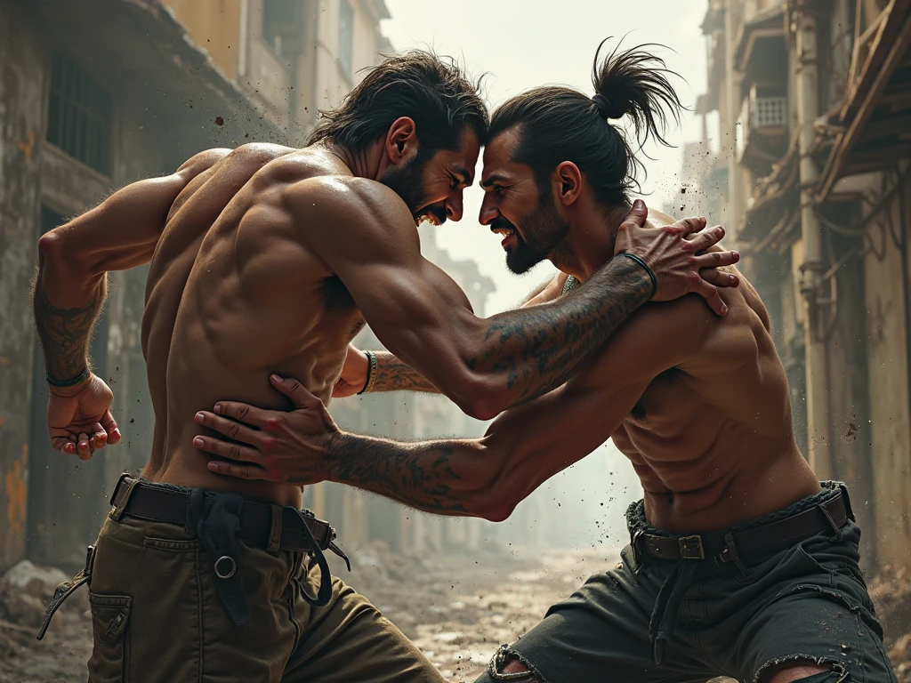 Create two men fighting with their penises