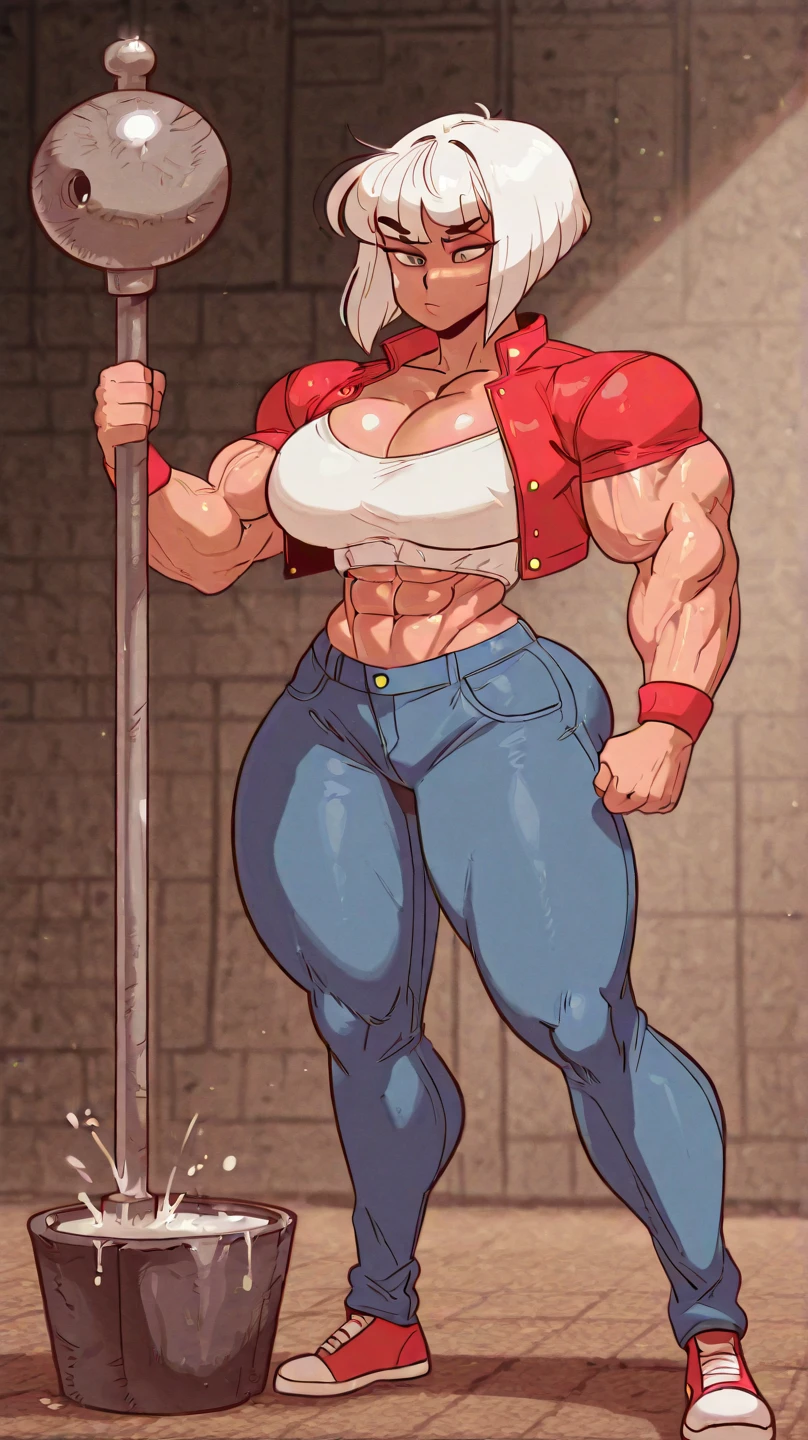 tomboy, warrior, berserker, tall female, muscular female, living hair, sauvage,, medieval clothing, fantasy, fantasy weapon, huge breasts, barbarian pants, , combat boots, armor, red hair, crazy smile, open mouth, biceps, necktie, thick arms,pullover, solo focus