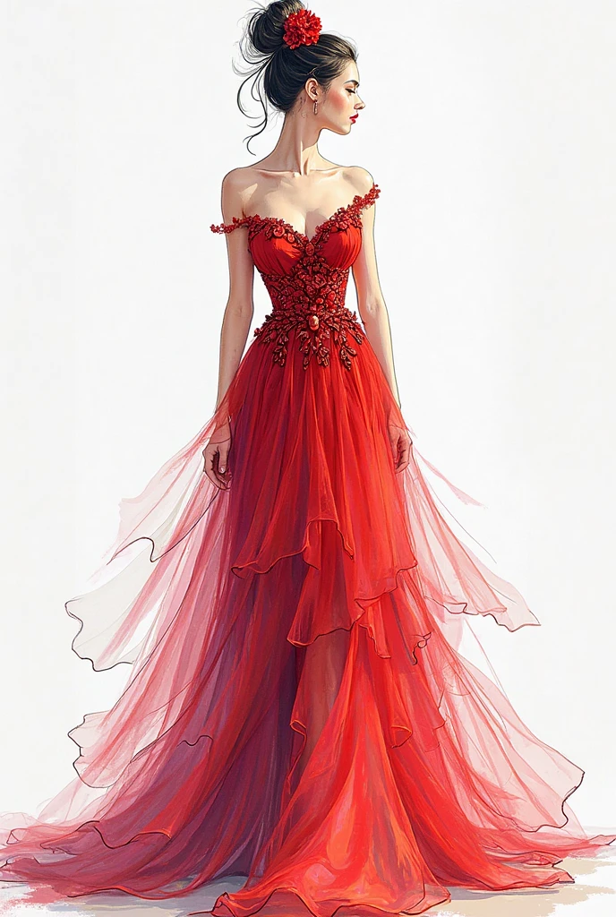a delicately charming woman, long blond hair,  modern dress in red, pink ruffles . the background is simple and white