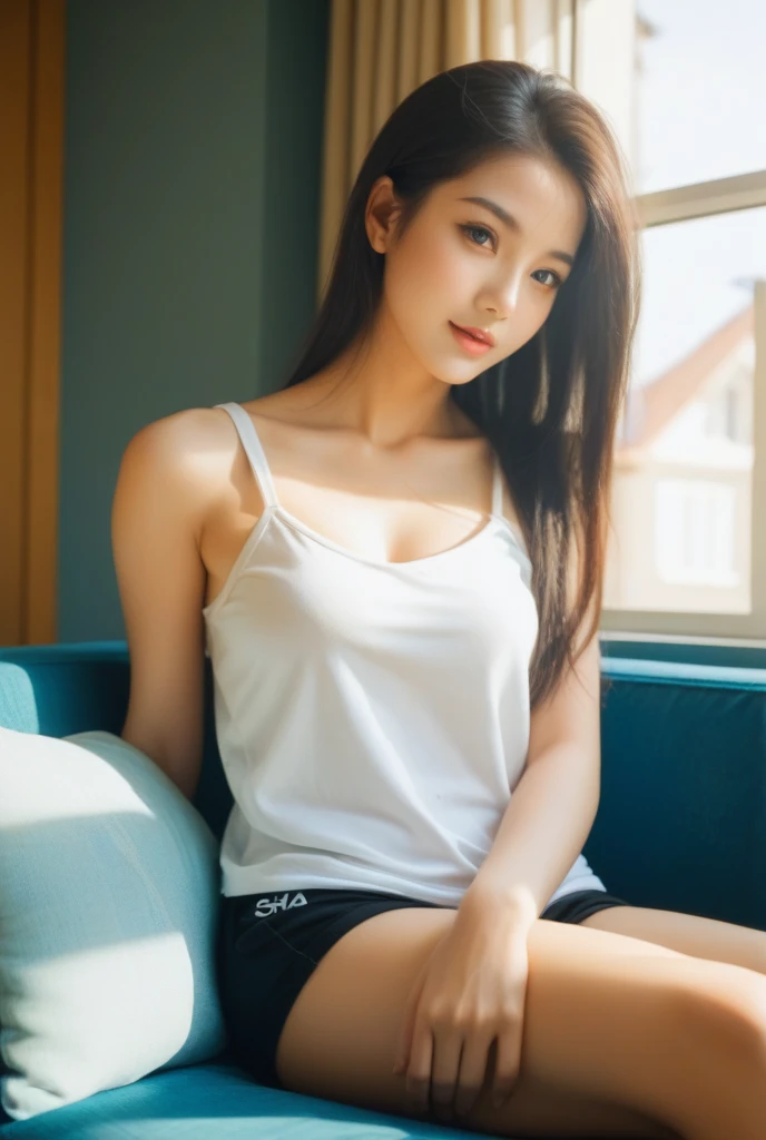 Surreal 8K CG,perfect faces,Impeccable perfection,ren,tmasterpiece,professional artwork,famous artwork,Innocent 、((Wear a sleeveless T-shirt)、Wear small panties、Sitting in the room、A Smile、Raw foto, (8K、Top Quality、masterpiece:1.2)、(delicate detail:1.4)、(Photorealcitic:1.4)、octan render、Complex 3D rendering, Ultra-detail, Studio Soft Light (Studio Soft Light) (Studio Soft Light (Studio Soft Light)) , Rim Light, vibrant details, Super detailing, Realistic Skin Textures, Detail Face, Beautiful detail eyes, Highly detailed CG Unity 16k wallpapers, Makeup-, (detailed background:1.2), shinny skin、turned around、exposed thighs!!!,Sorrisos, Wave hair, Spread your legs