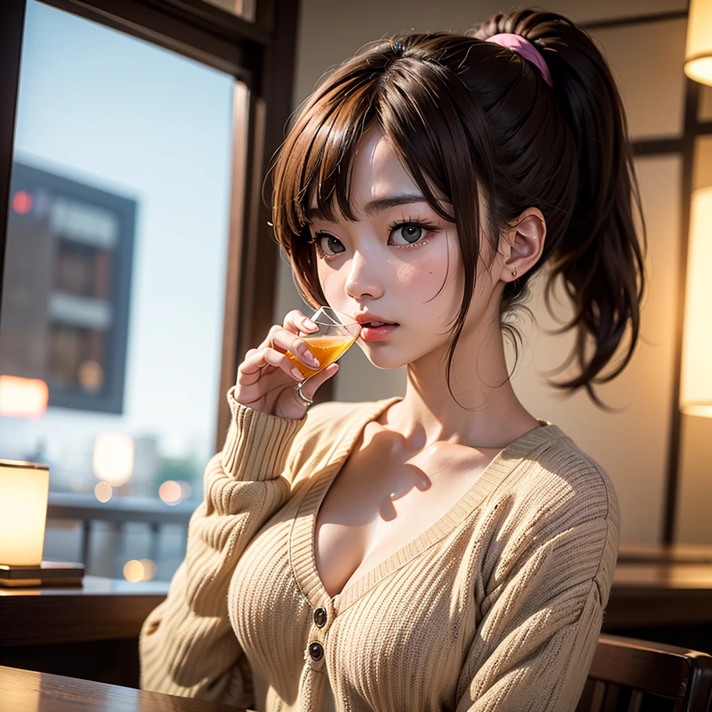 Best image quality, outstanding detail, ultra high resolution, (realism: 0), best illustration, prefer details, highly condensed 1girl, delicate and beautiful face, long hair, disheveled hair, big breast, blush, cleavage, delicate skin, a beautiful woman with violet hair and bright violet eyes, Currently knitting with her enchanting slightly smile, in a cafe, red dress