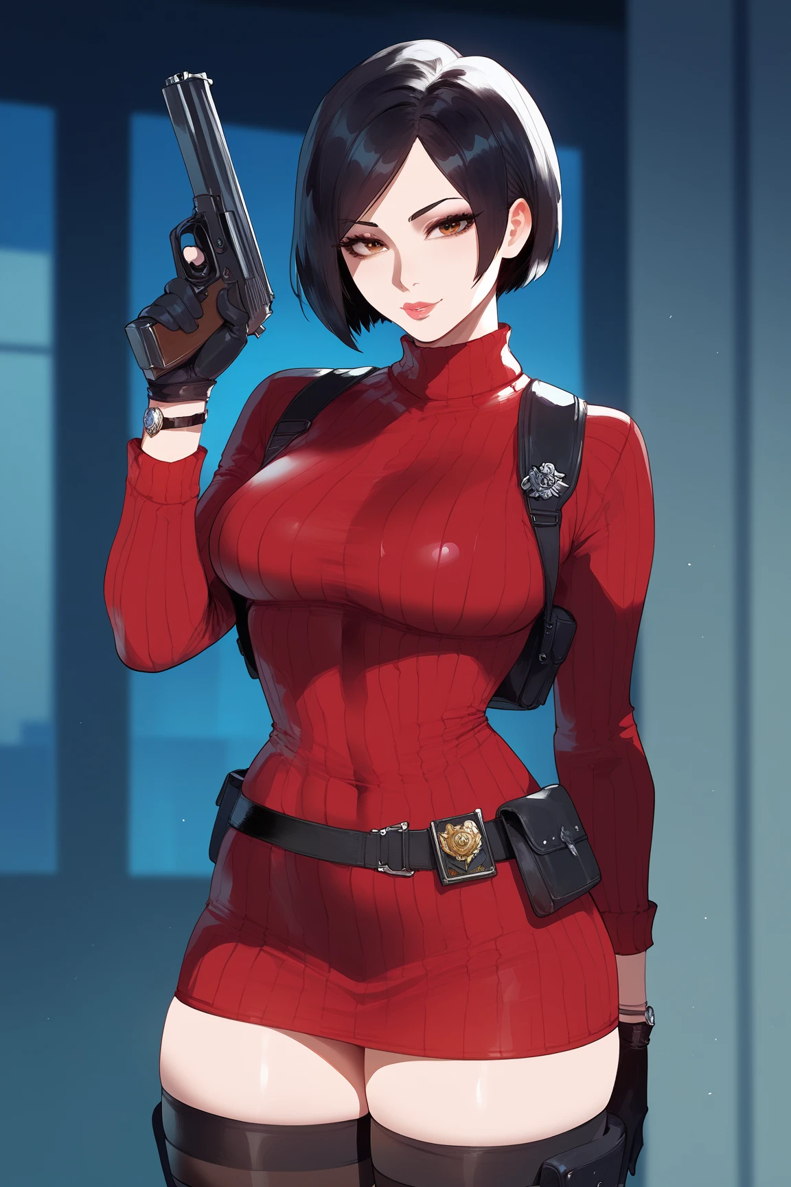1girl, RE4, sweater dress, turtleneck, ribbed sweater, thigh high boots, pantyhose, harness, best quality, masterpiece, highres