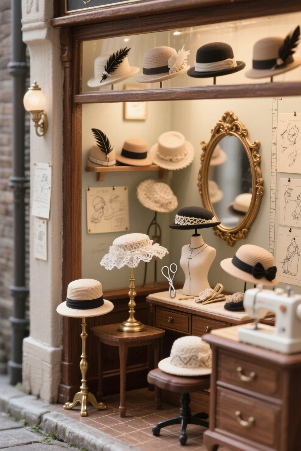 top quality、Mini shop、Retro hat specialty store standing in the back alley、Miniature hats with feather ornaments and lace are lined up on the wooden shop window、Inside the store is an antique mirror and dresser、hats arranged on a brass stand、Sketches and measuring notes are affixed to the wall、Pincers and small scissors、Hats in the middle of sewing by hand、Surrounded by Soft Light、A stylish and quiet atelier-like space、Elegant and classic atmosphere、masterpiece