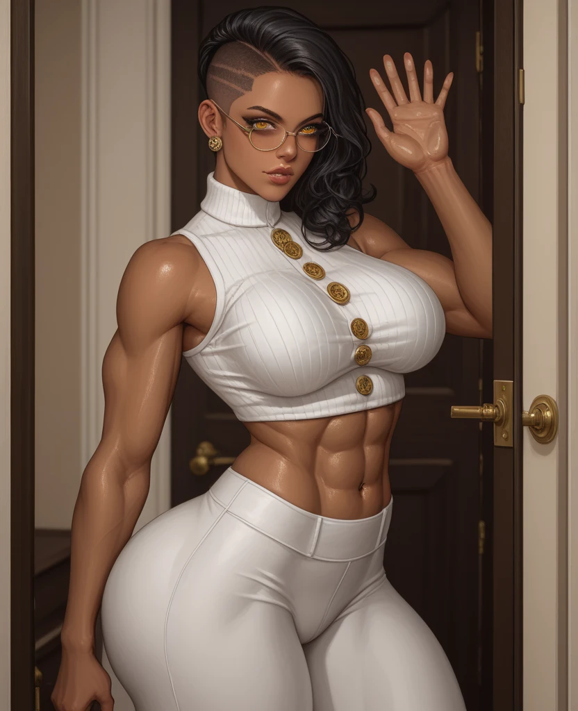 1 chica, gorgeous, muscular, muslos gruesos, mujer madura, abdominales, Caderas anchas, (obra maestra, alta calidad:1.1) ,piel brillante, suave, , hendidura mamaria, Traje ajustado, tetona, con curvas, adaptar, tonificado, dedo de camello, lipstick, labios gruesos, maquillaje, muy detallado, kawaii, mojado y brillante,