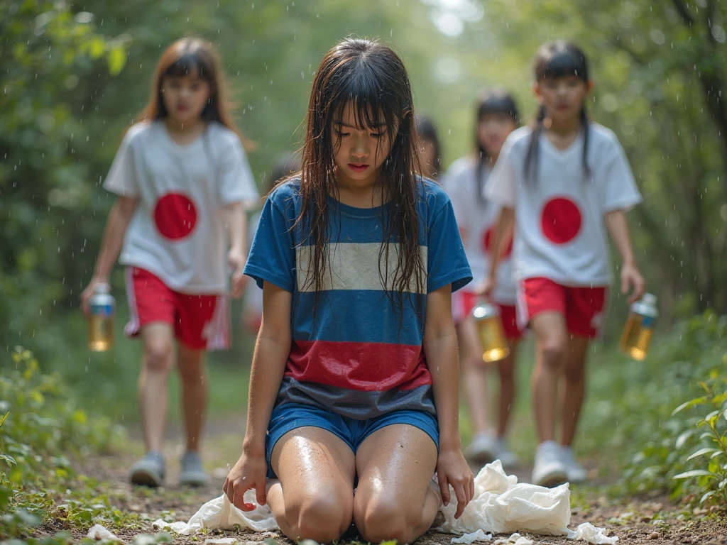 A man hits a woman with a stick:1.8、18 year old Japanese girl in camouflage、Girl running away、whole body、A girl surrounded by five boys、Crying girl、Small breasts、Small breasts、Beautiful legs、Screaming Woman