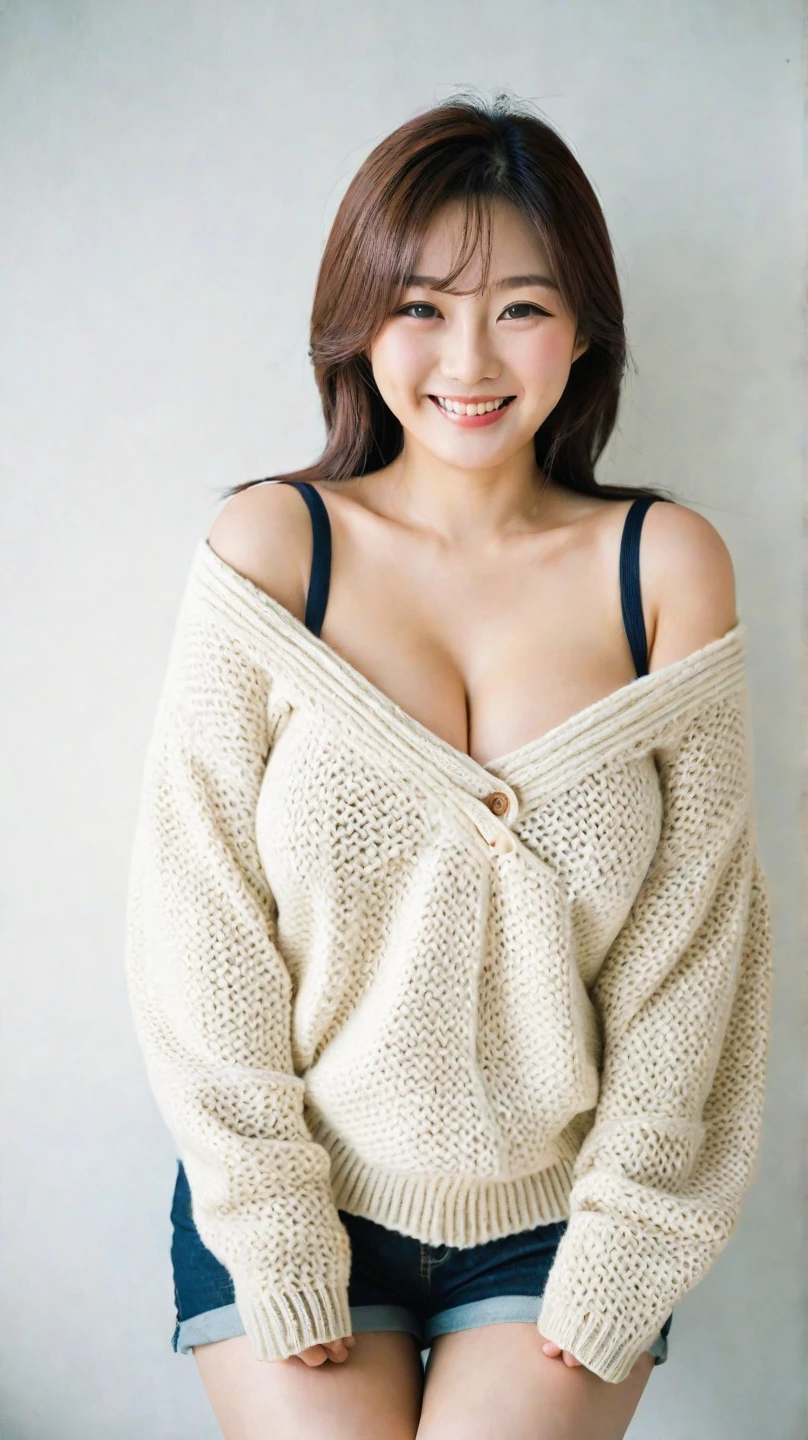 Enhanced dynamic perspective,Cute cute beautiful girl、 student, (Huge breasts:1.3), busty, Flowing sweat, narrow shoulder,((V-neck wool sweater:1.3)), oversea skirt)))、Get down on one knee, Spread legs, Leaning forward, Put one hand on the floor, see through,Look at me and smile, backgound,Works of masters,high quarity,4K resolution,super-fine,Detailed pubic hair,acurate,Cinematic lighting,Leaves the original facial proportions, 誘惑している,