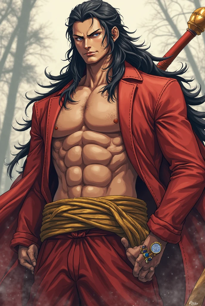 A man around 30 years old, medium height, long black hair slightly messy, eyes can't see with scars around them, tan skin with scars on several parts of the body, athletic and muscular body, green clothes made of snake scale material, long trousers , headband, wooden stick.