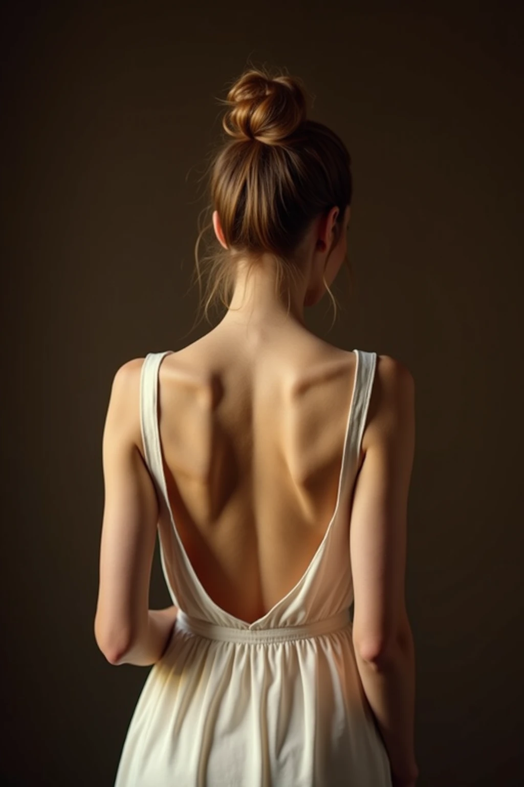 An acrylic painting of a woman with her back in a loose dress that highlights her figure. Her hands are intertwined behind her back in an elegant and mysterious pose. The texture of the painting is visible, with expressive brushstrokes and warm, neutral colors. The background is abstract or subtly detailed, evoking an artistic and sophisticated atmosphere. Let the brushstrokes be noticed as if it were a little animated