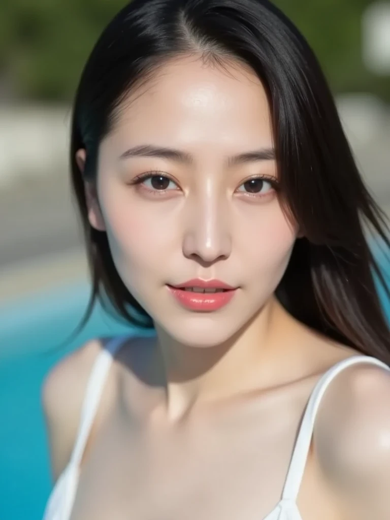 ((最high resolution、8K、最high resolution:1.3))、Photorealistic、Sharp Focus、high resolution、High resolution、Portrait、solo、Japanese、Middle-aged women、Beauty、Full Body Evian、47 years old、Long Hair、Wrinkles at the corners of the eyes、Poolside、Beautiful blue sky、Sexy figure、((Swimsuit、Swimsuit))、Thighs、(Thighs、Large Breasts)、Red lipstick、Blue eyeshadow、Thighs、