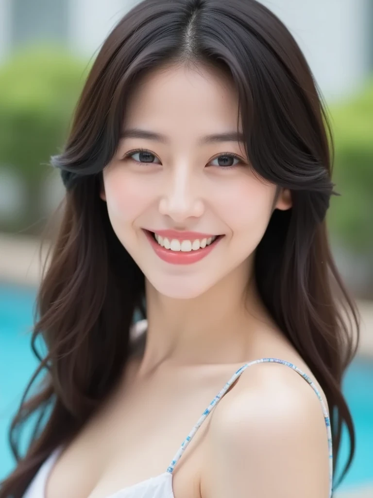 summer,sun,swimming pool,1 beautiful maiden,long hair,curls,Round face,big eyes,Pure and cute,Smile,beach umbrella,backstroke(There are a lot of people next to it),Sunlight on the surface of the water,sparkling,8K resolution,Ultra HD quality