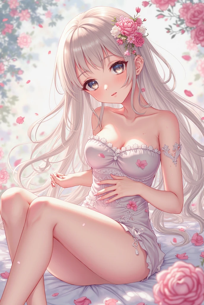 (best quality, ultra-detailed, photorealistic: 1.39), Face of naughty 29 year old teenager, bright and vibrant colors, studio lighting, romantic expression, Perfect big breasts, cute blouse, long sleeves, jeans, Short, Wavy hair with ribbon in the blonder hair, bangs flowing in the wind, attractive eyes, lips bright, sexy pose, smiling seductively, posing for a professional photo shoot, soft natural lighting, creating a dreamy and magical atmosphere, fields of roses, petals in the air, gray hair, red eyes, thin belly, big  and big ass