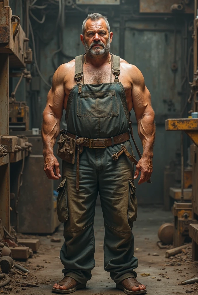 A middle-aged man working in a factory, his body covered with scars.
There are many machines beside him.